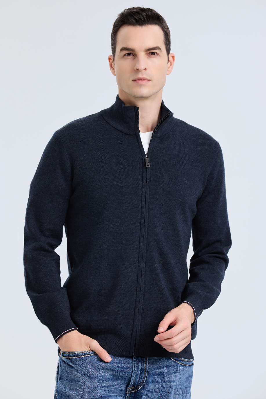 Fine-spun wool zip-up cardigan